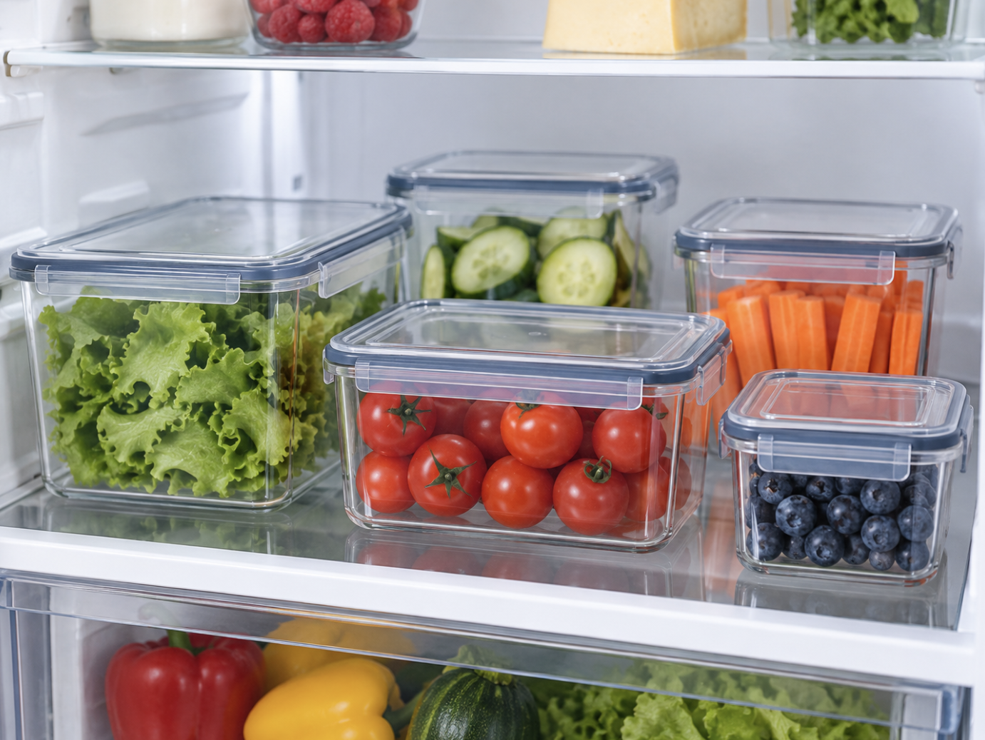 Geöffneter Kühlschrank mit frischem Gemüse, Tomaten, Gurken, Karotten, Blaubeeren und Himbeeren in Vorratsbehältern